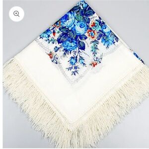 Fringe 60”x56" Russian Pavlovo Posad Shawl 100% Wool Floral Wrap Blue Scarf